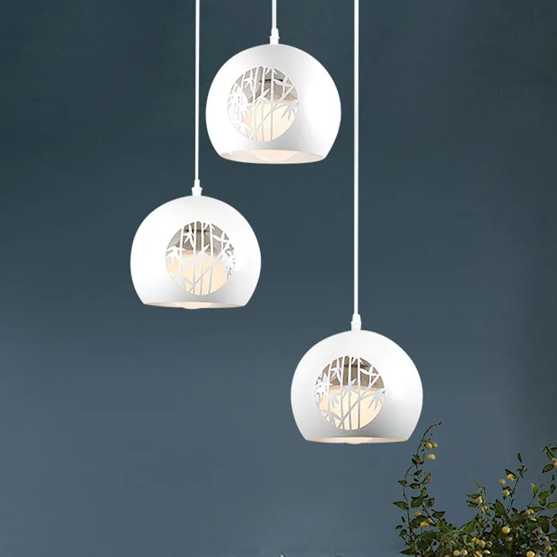Modernistische Global Multi Light hangende ijzeren 3-lichts eetkamer hanglamp wit met lasergesneden bamboepatroon Clearhalo