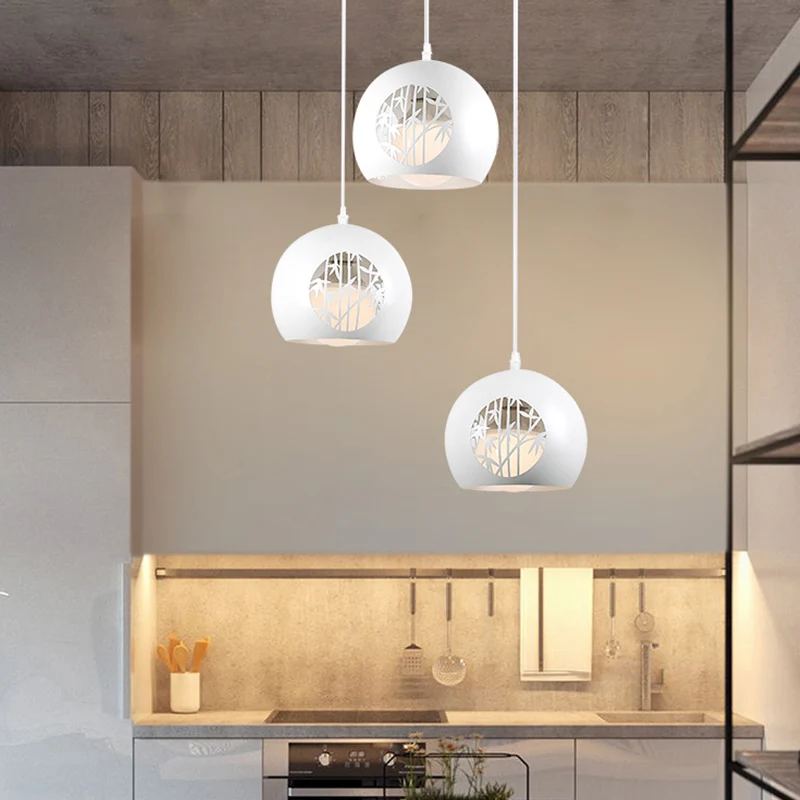 Modernistische Global Multi Light hangende ijzeren 3-lichts eetkamer hanglamp wit met lasergesneden bamboepatroon Clearhalo