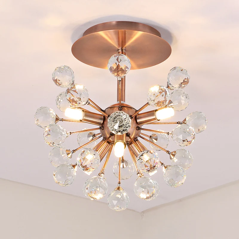 Modernistische Globe semi-inbouw gefacetteerde kristallen plafondlamp met 6 lampen messing Clearhalo