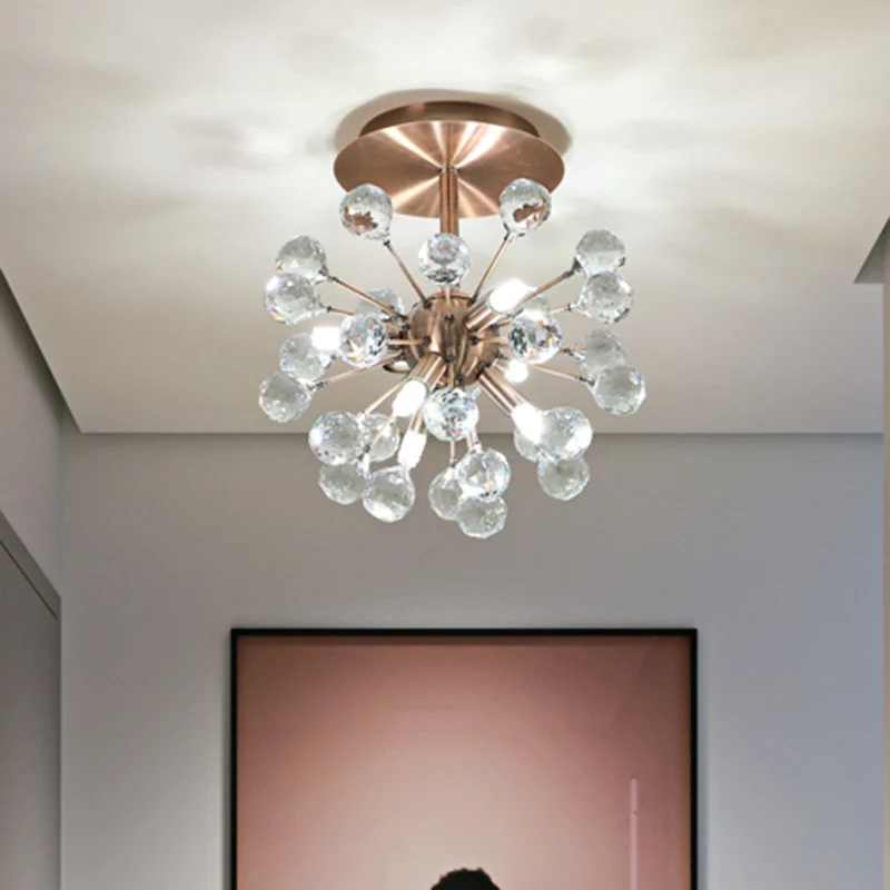 Modernistische Globe semi-inbouw gefacetteerde kristallen plafondlamp met 6 lampen messing Clearhalo