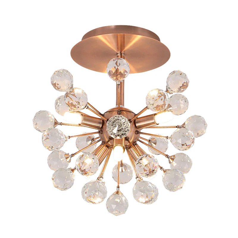 Modernistische Globe semi-inbouw gefacetteerde kristallen plafondlamp met 6 lampen messing Clearhalo
