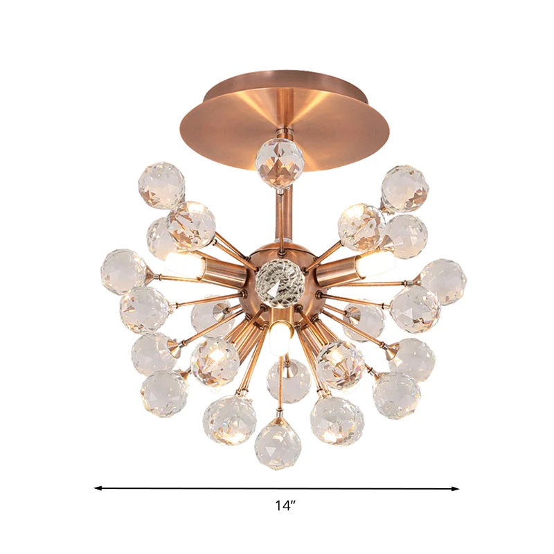 Modernistische Globe semi-inbouw gefacetteerde kristallen plafondlamp met 6 lampen messing Clearhalo