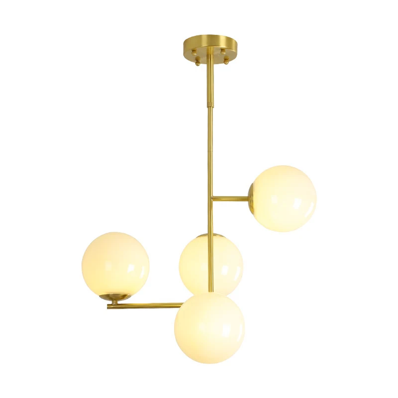 Modernistische hangende kroonluchter met 4 hoofden, gouden bol, plafondhanglamp met melkachtige glazen kap Clearhalo