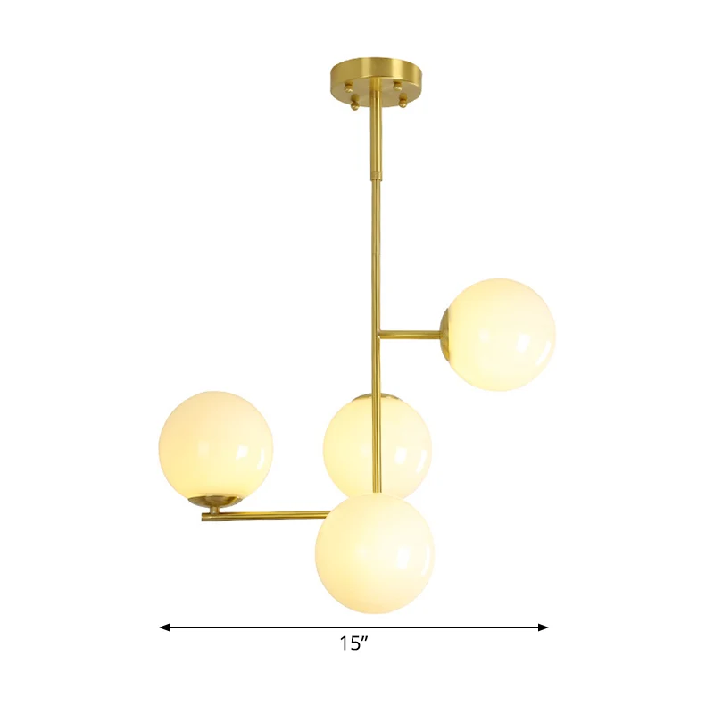 Modernistische hangende kroonluchter met 4 hoofden, gouden bol, plafondhanglamp met melkachtige glazen kap Clearhalo