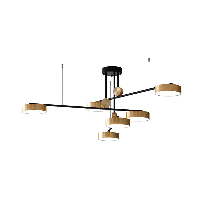 Modernistische hanglamp met meerdere lampen, 6 koppen en metalen kap, zwart en goud, kleine trommelophanglamp Clearhalo