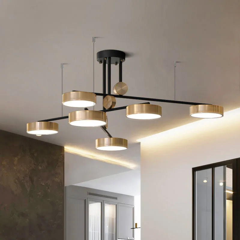 Modernistische hanglamp met meerdere lampen, 6 koppen en metalen kap, zwart en goud, kleine trommelophanglamp Clearhalo