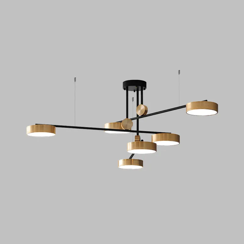 Modernistische hanglamp met meerdere lampen, 6 koppen en metalen kap, zwart en goud, kleine trommelophanglamp Clearhalo