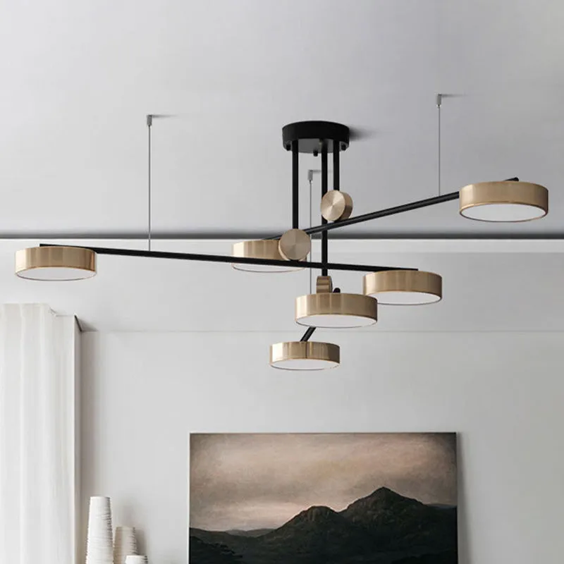 Modernistische hanglamp met meerdere lampen, 6 koppen en metalen kap, zwart en goud, kleine trommelophanglamp Clearhalo
