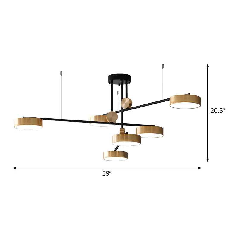 Modernistische hanglamp met meerdere lampen, 6 koppen en metalen kap, zwart en goud, kleine trommelophanglamp Clearhalo