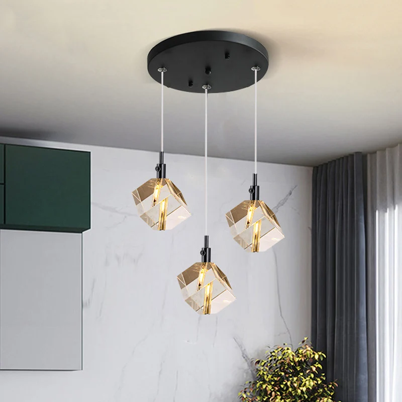 Modernistische kubus multi-hanglamp helder kristalglas 3-koppige eetkamer LED-hanglamp zwart Clearhalo