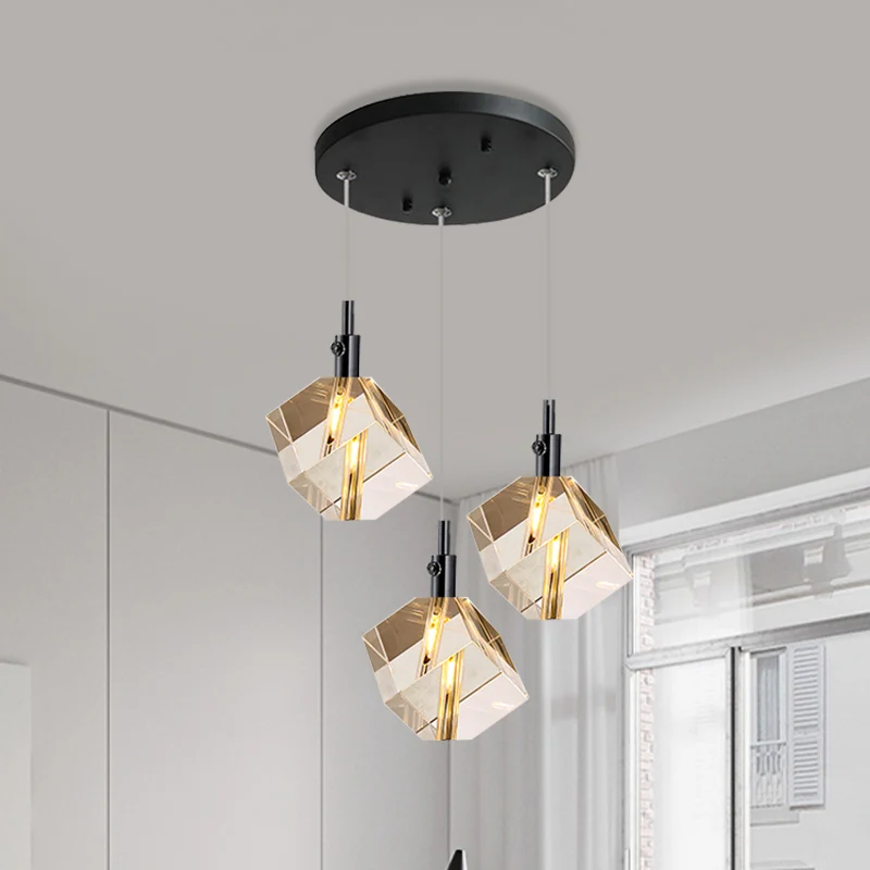 Modernistische kubus multi-hanglamp helder kristalglas 3-koppige eetkamer LED-hanglamp zwart Clearhalo