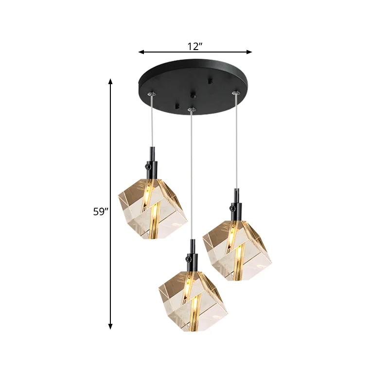 Modernistische kubus multi-hanglamp helder kristalglas 3-koppige eetkamer LED-hanglamp zwart Clearhalo