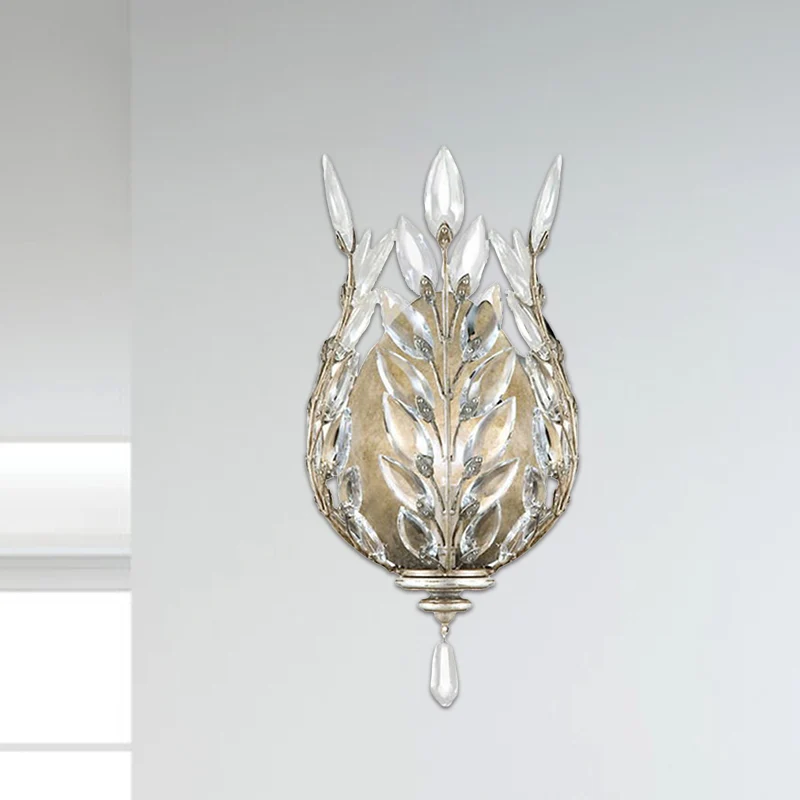 Modernistische Laurier wandlamp 1 licht Crystal Drop wandgemonteerde verlichting zilver/messing Clearhalo