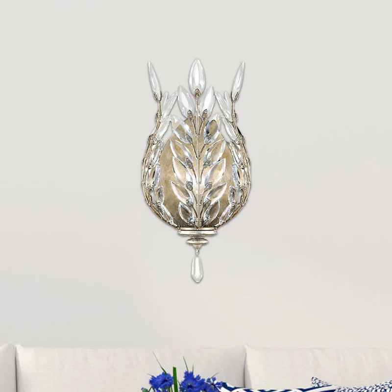 Modernistische Laurier wandlamp 1 licht Crystal Drop wandgemonteerde verlichting zilver/messing Clearhalo