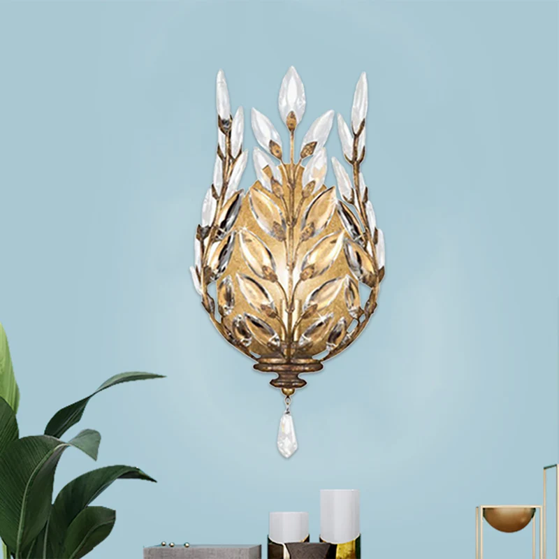 Modernistische Laurier wandlamp 1 licht Crystal Drop wandgemonteerde verlichting zilver/messing Clearhalo