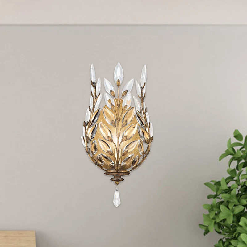 Modernistische Laurier wandlamp 1 licht Crystal Drop wandgemonteerde verlichting zilver/messing Clearhalo
