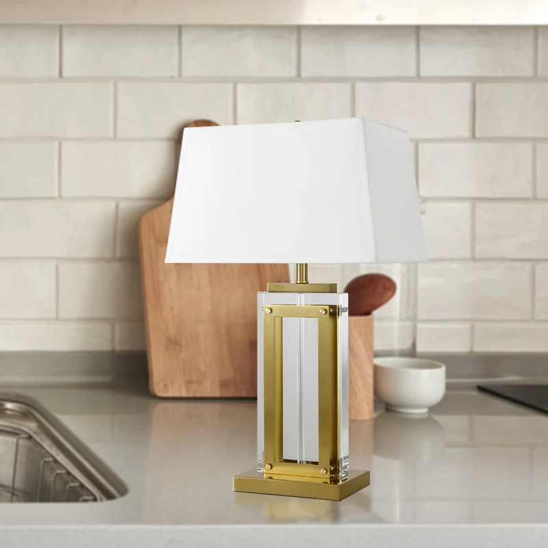Modernistische rechthoekige stoffen taaklamp Helder kristal 1-lamps nachtkastjelamp goud Clearhalo