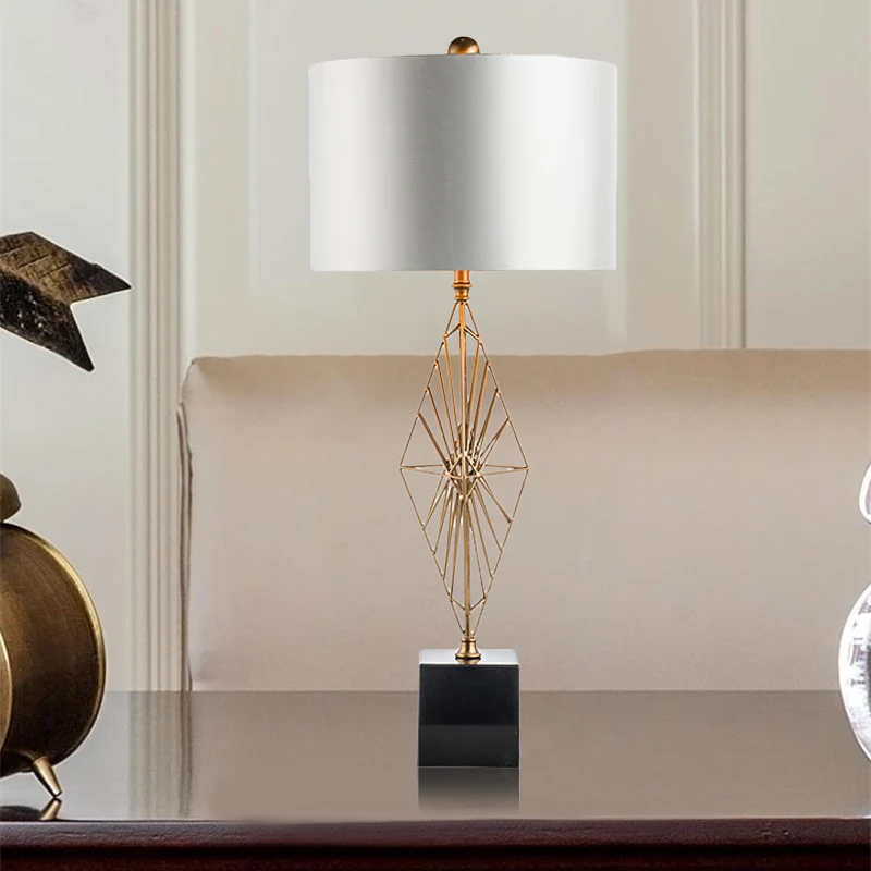 Modernistische ruit nachtkastje licht metaal 1-lamps woonkamer stoffen tafellamp wit Clearhalo