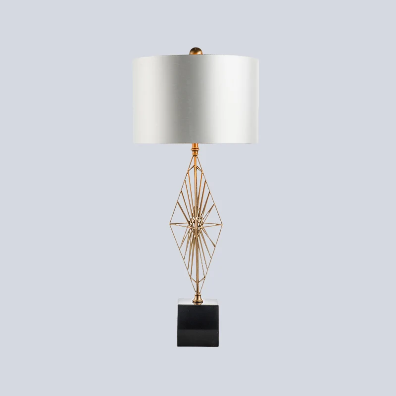 Modernistische ruit nachtkastje licht metaal 1-lamps woonkamer stoffen tafellamp wit Clearhalo