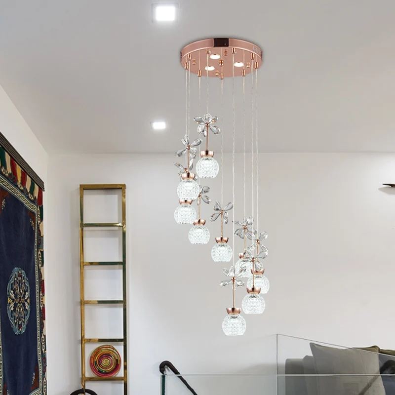 Modernistische spiraalvormige multi-hanger roosterglas 9-lampen trapplafondlamp goud, warm/wit licht Clearhalo