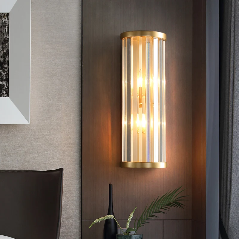 Modernistische stijlvolle metalen schansverlichting 2-lichts cilinderwandlamp met kristallen pijp gouden afwerking Clearhalo