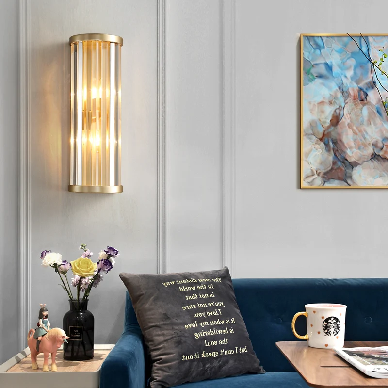 Modernistische stijlvolle metalen schansverlichting 2-lichts cilinderwandlamp met kristallen pijp gouden afwerking Clearhalo
