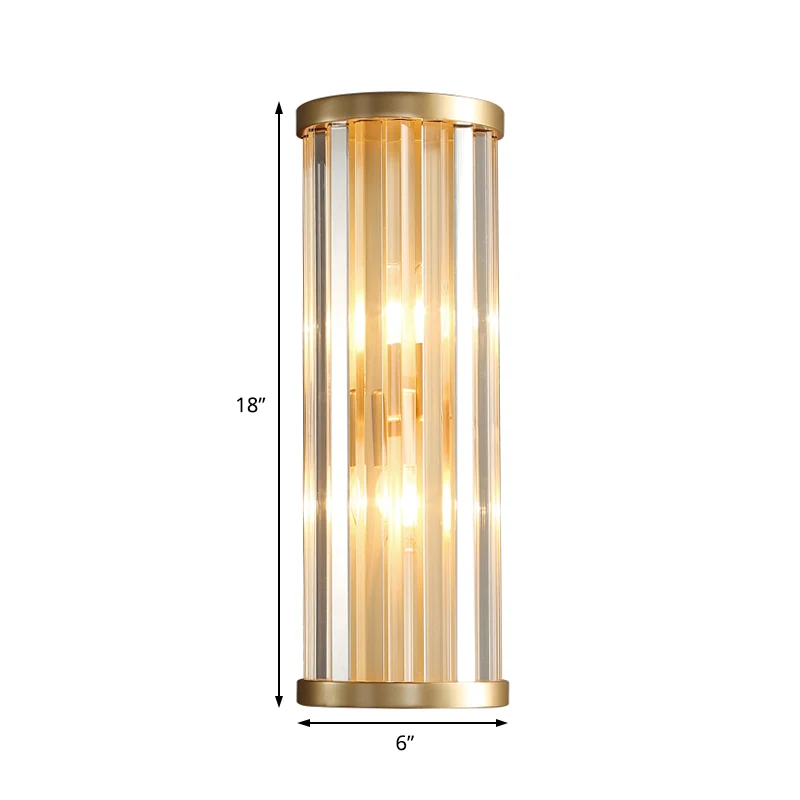 Modernistische stijlvolle metalen schansverlichting 2-lichts cilinderwandlamp met kristallen pijp gouden afwerking Clearhalo