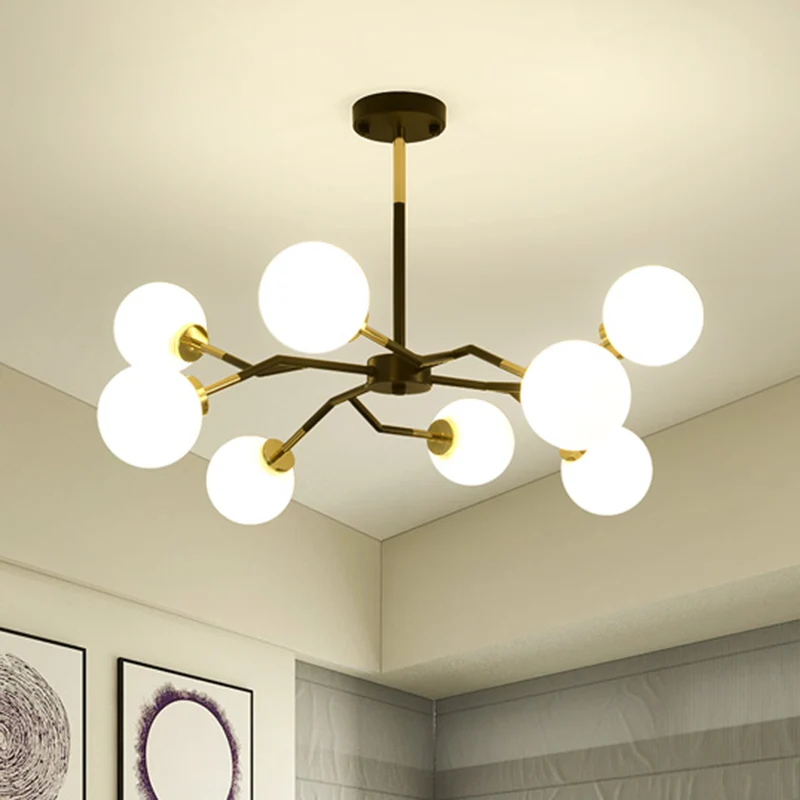 Mondiale kroonluchterlamp van mat glas, minimalistisch, 6/8 lampen, hangend plafondlicht zwart Clearhalo