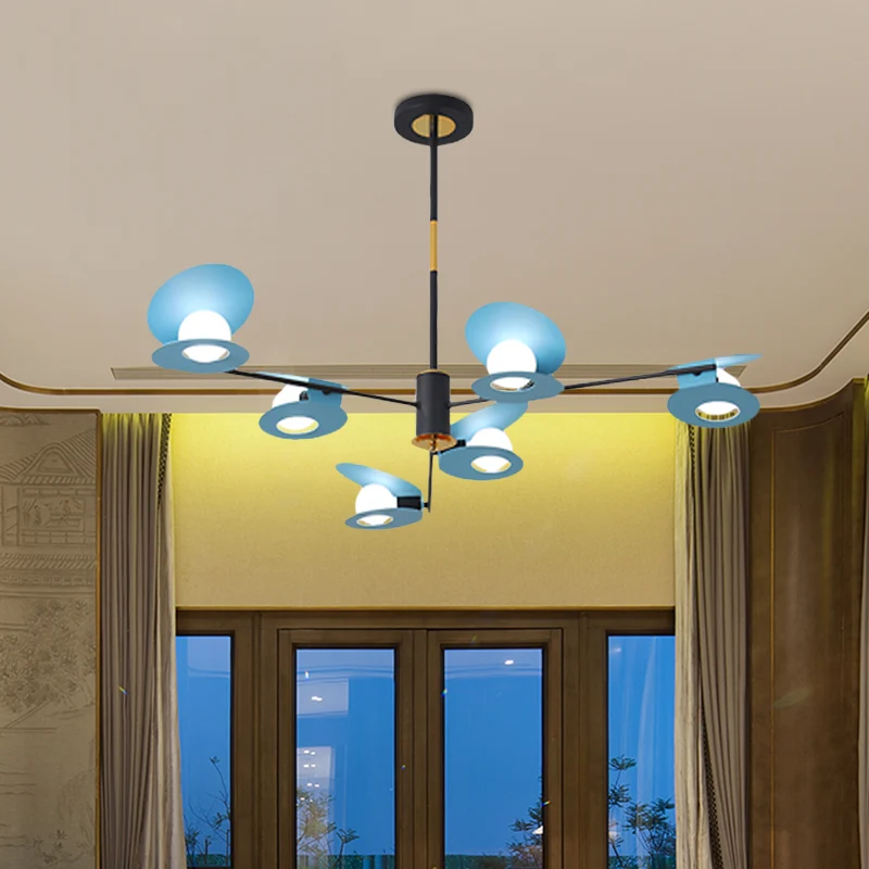 Mosselvormige plafondkroonluchter, eigentijdse ijzeren hanglamp met 6/8 lampen de woonkamer, blauw/zwart en goud Clearhalo