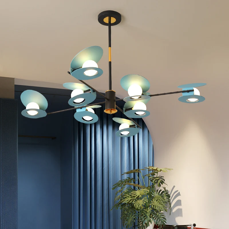 Mosselvormige plafondkroonluchter, eigentijdse ijzeren hanglamp met 6/8 lampen de woonkamer, blauw/zwart en goud Clearhalo