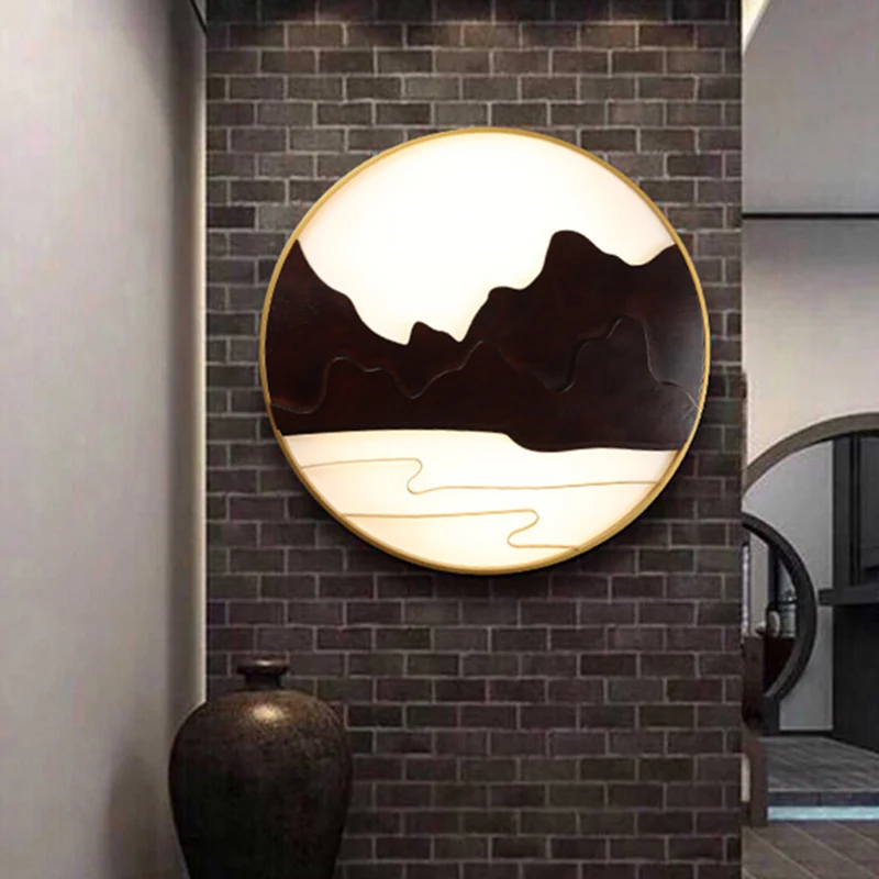Mountain Silhouette Muurschildering Licht Aziatische Houten Zwarte LED Schansverlichting voor Tearoom Clearhalo