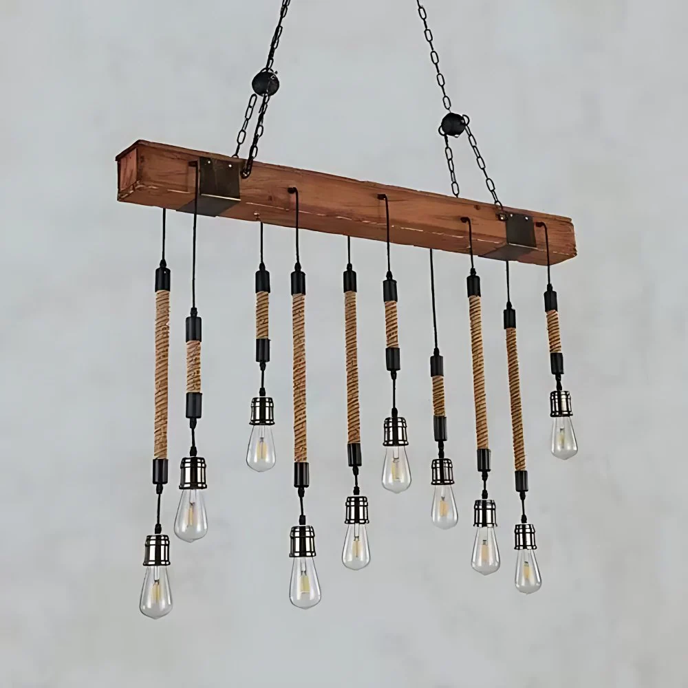 Multi-Light Open Bulb Island Light Rustiek Beige Touw en Metaal Hangende Plafondlamp met Houten Balk Clearhalo