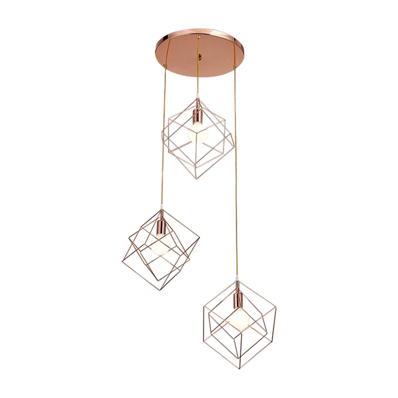 Multi-plafondlamp met roségouden afwerking, moderne 3-lampen ijzeren plafondophanglamp met ronde luifel Clearhalo