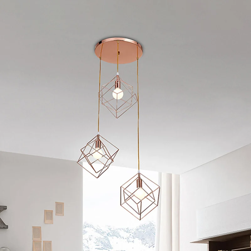 Multi-plafondlamp met roségouden afwerking, moderne 3-lampen ijzeren plafondophanglamp met ronde luifel Clearhalo