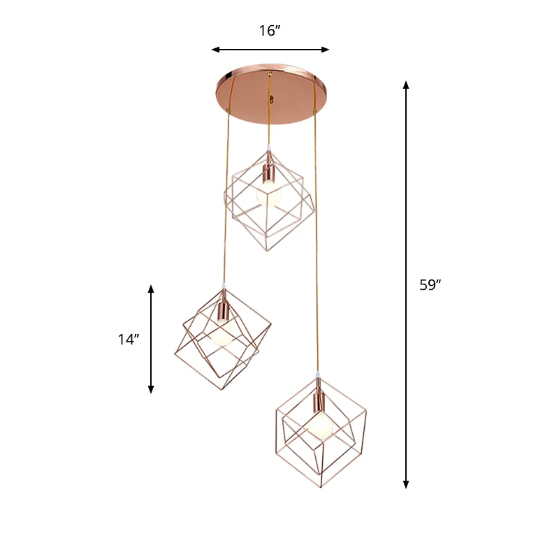 Multi-plafondlamp met roségouden afwerking, moderne 3-lampen ijzeren plafondophanglamp met ronde luifel Clearhalo