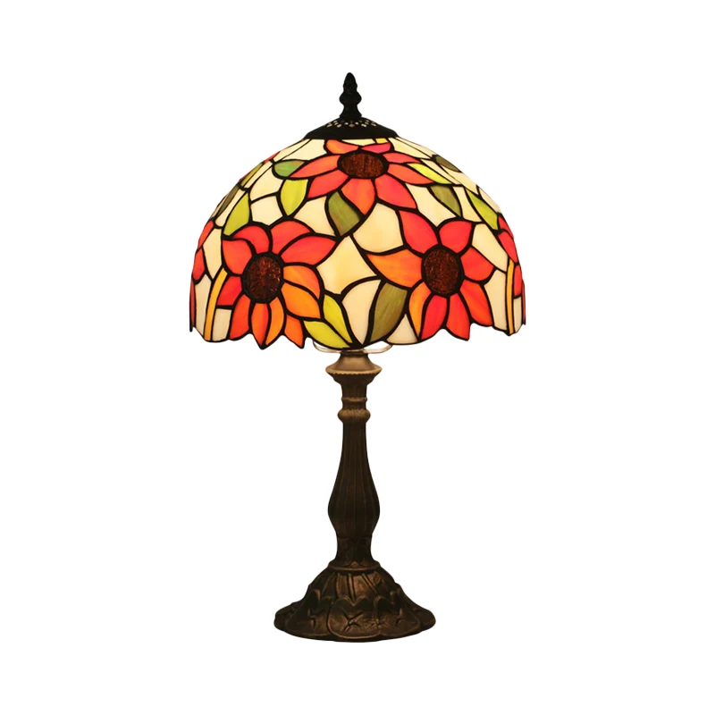 Nachtkastje met 1 kop, verlichting Victoriaans brons, nachtlampje met zonnebloemmotief en komvormige glazen kap Clearhalo