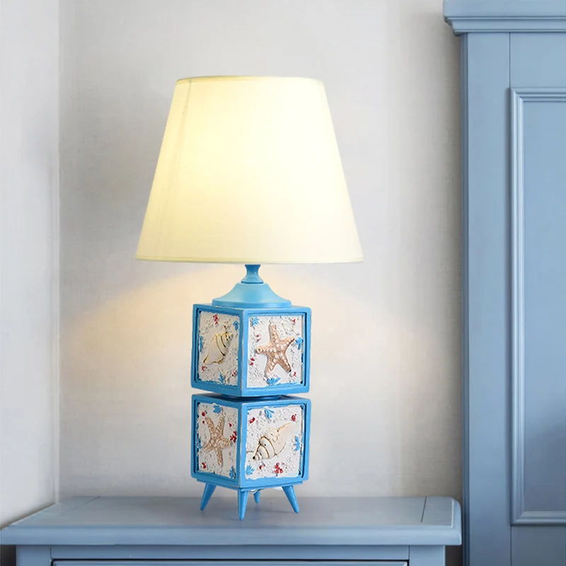 Nachtkastje met 2 kubussen, licht van hars mediterrane stijl, stoffen tafellamp voor een slaapkamer, hemelsblauw/waterblau...