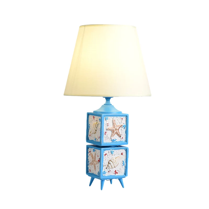Nachtkastje met 2 kubussen, licht van hars mediterrane stijl, stoffen tafellamp voor een slaapkamer, hemelsblauw/waterblau...