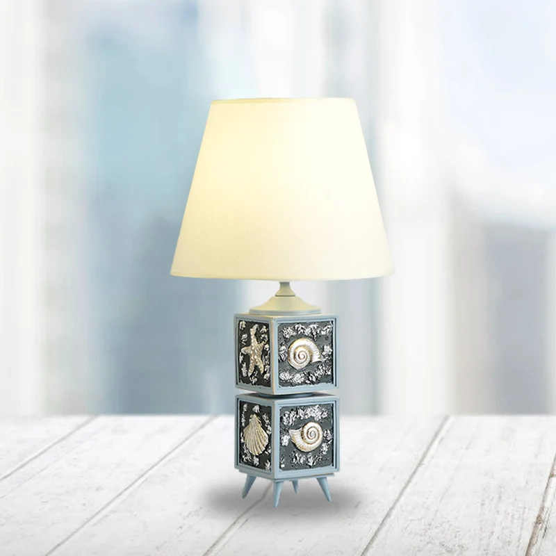 Nachtkastje met 2 kubussen, licht van hars mediterrane stijl, stoffen tafellamp voor een slaapkamer, hemelsblauw/waterblau...