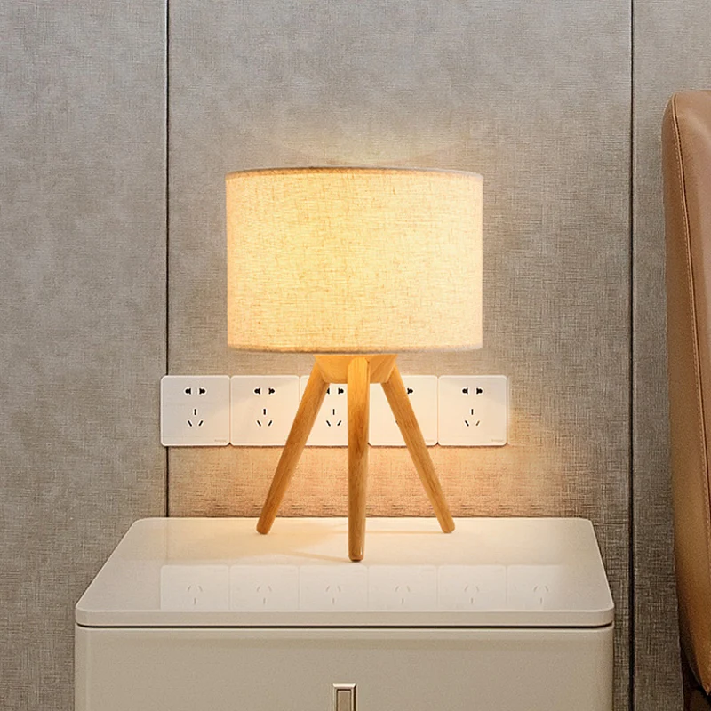 Nachtkastje met 1 lamp, moderne houten nachttafellamp met cilindervormige stoffen kap Clearhalo