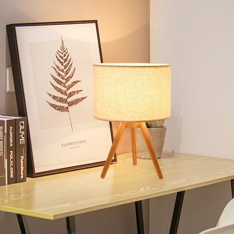 Nachtkastje met 1 lamp, moderne houten nachttafellamp met cilindervormige stoffen kap Clearhalo