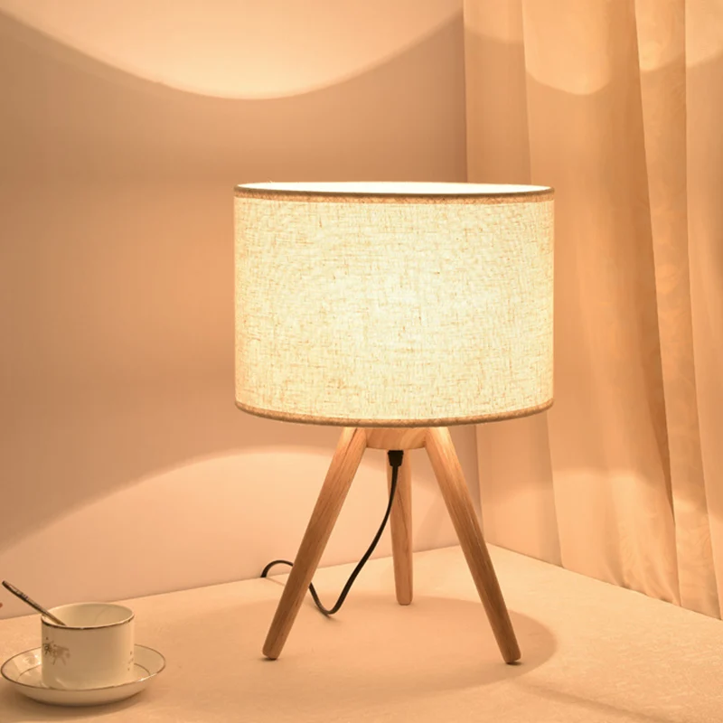 Nachtkastje met 1 lamp, moderne houten nachttafellamp met cilindervormige stoffen kap Clearhalo