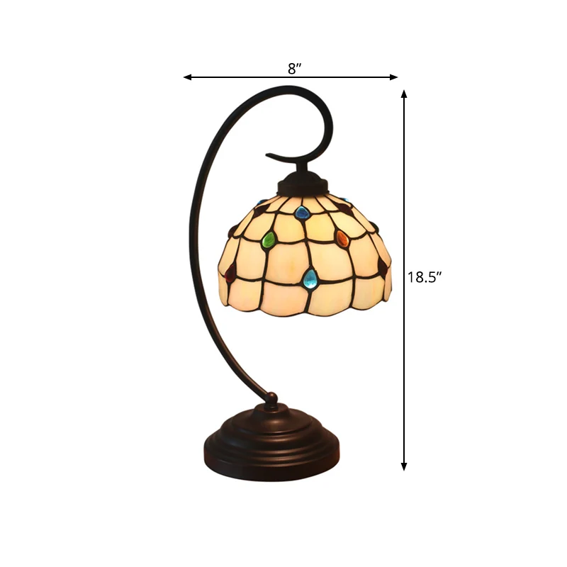 Nachtkastje van metaal met ronde arm, barok, 1 licht, donkere koffie, taakverlichting met traliekom, beige glazen kap Clea...