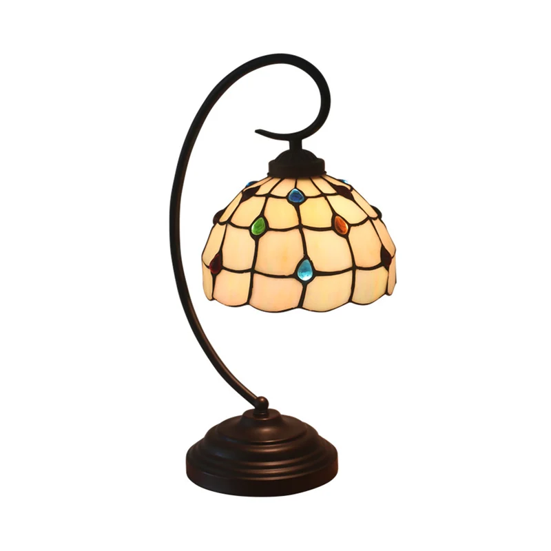 Nachtkastje van metaal met ronde arm, barok, 1 licht, donkere koffie, taakverlichting met traliekom, beige glazen kap Clea...