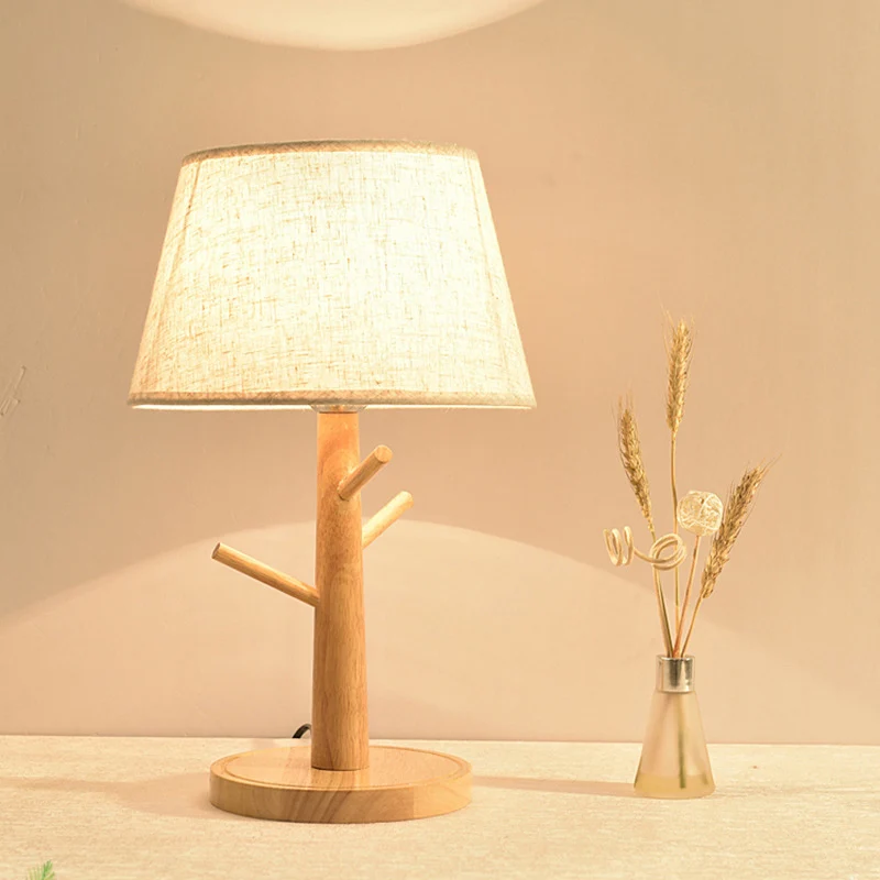 Nachtkastjelamp met houten boomtak Minimalistische nachtkastjeverlichting met 1 hoofd en taps toelopende stoffen kap wit C...
