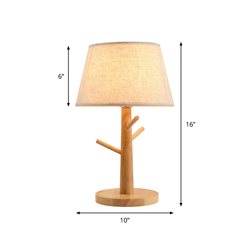 Nachtkastjelamp met houten boomtak Minimalistische nachtkastjeverlichting met 1 hoofd en taps toelopende stoffen kap wit C...