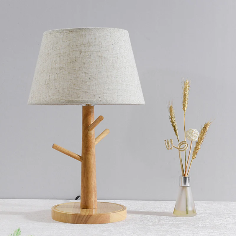 Nachtkastjelamp met houten boomtak Minimalistische nachtkastjeverlichting met 1 hoofd en taps toelopende stoffen kap wit C...