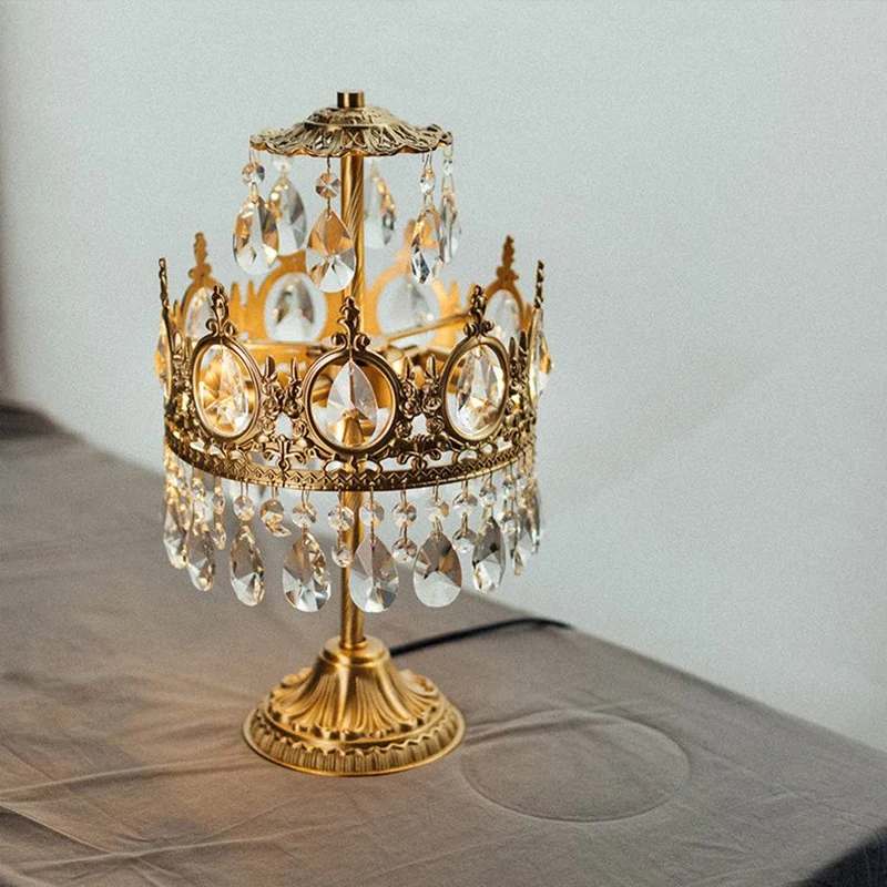 Nachtkastjelamp met één lamp, antieke kroonvormige kristallen tafellamp goud voor slaapkamer Clearhalo