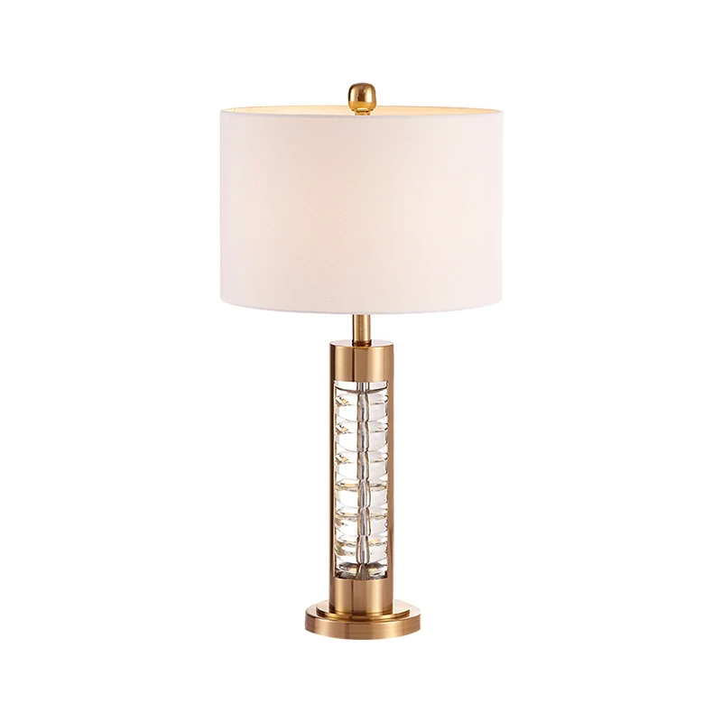 Nachtkastjelamp met ronde kap, traditionele witte stoffen tafellamp met gouden metalen voet Clearhalo
