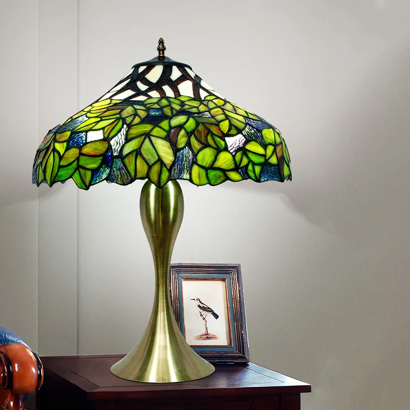 Nachtlampje met 1 kop, antiek groen, handgemaakte kunstglazen bureaulamp met boompatroon Clearhalo